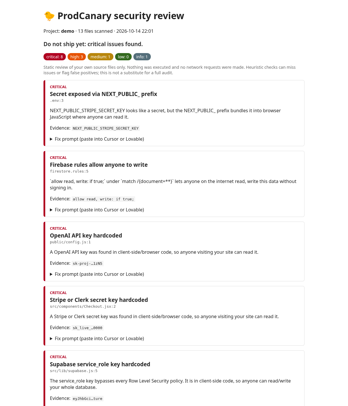 ProdCanary sample report showing critical and high findings with fix prompts